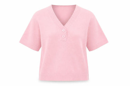Damart Women Pink M Henley V-Neck Short Sleeve Acrylic Jumper