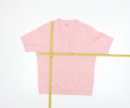 Damart Women Pink M Henley V-Neck Short Sleeve Acrylic Jumper