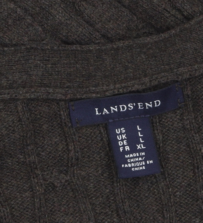 Lands' End Women's Brown Wool Cable-Knit Cardigan L