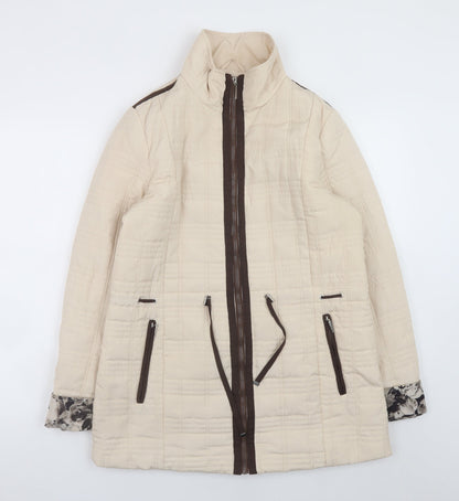 JBC Collection Women Beige Quilted Mid-Length Jacket Size 12 Polyester Zip Padded