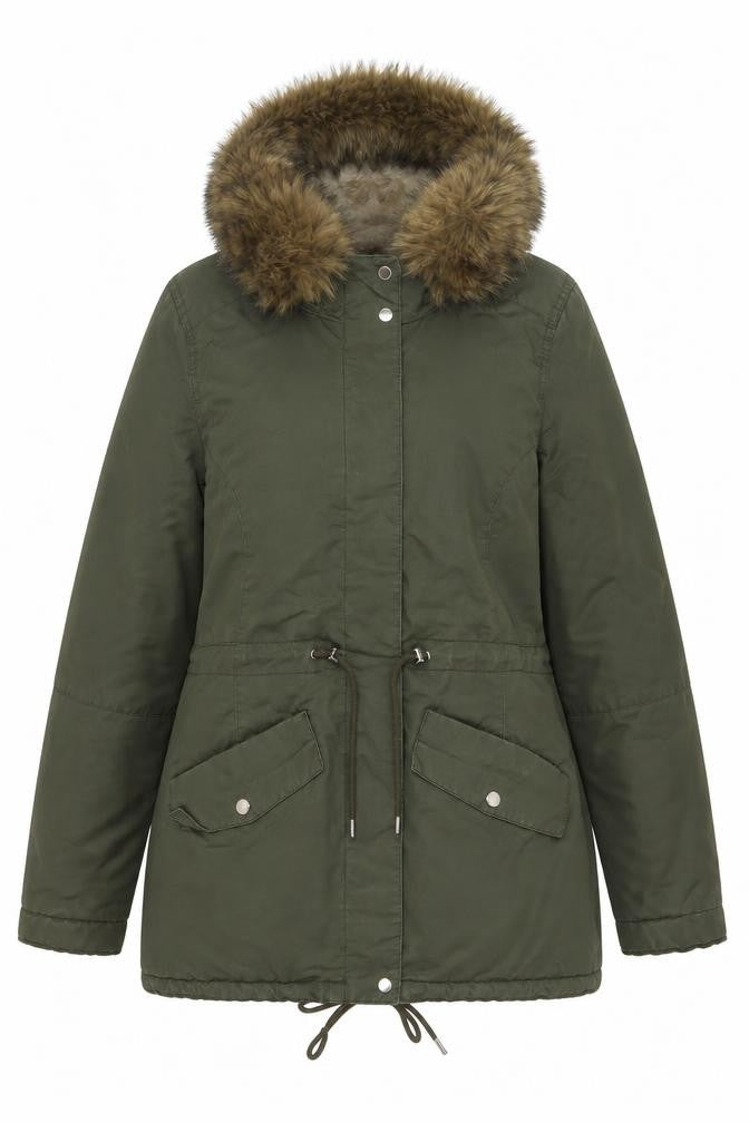 H&M Women's Green Cotton Parka Jacket with Faux Fur Hood Size 12