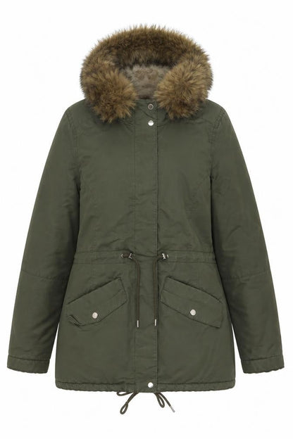 H&M Women's Green Cotton Parka Jacket with Faux Fur Hood Size 12