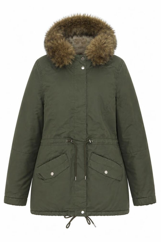 H&M Women's Green Cotton Parka Jacket with Faux Fur Hood Size 12