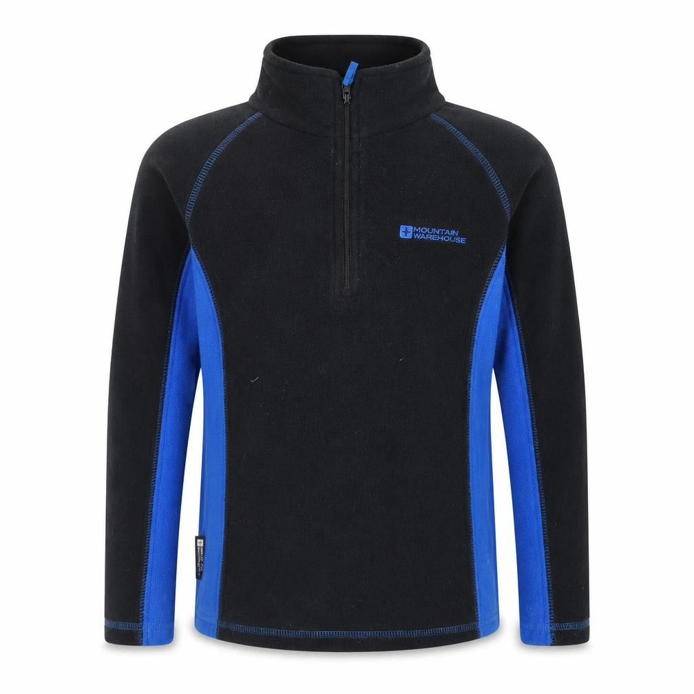 Front view of Mountain Warehouse boys’ black blue fleece 1/4 zip sweatshirt 9-10 years