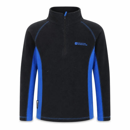 Front view of Mountain Warehouse boys’ black blue fleece 1/4 zip sweatshirt 9-10 years