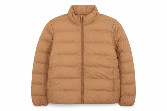 Front view of Marks & Spencer men’s brown mid-length puffer jacket, size 20