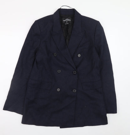 Zara Women Navy Pinstripe Double-Breasted Blazer M Wool Blend