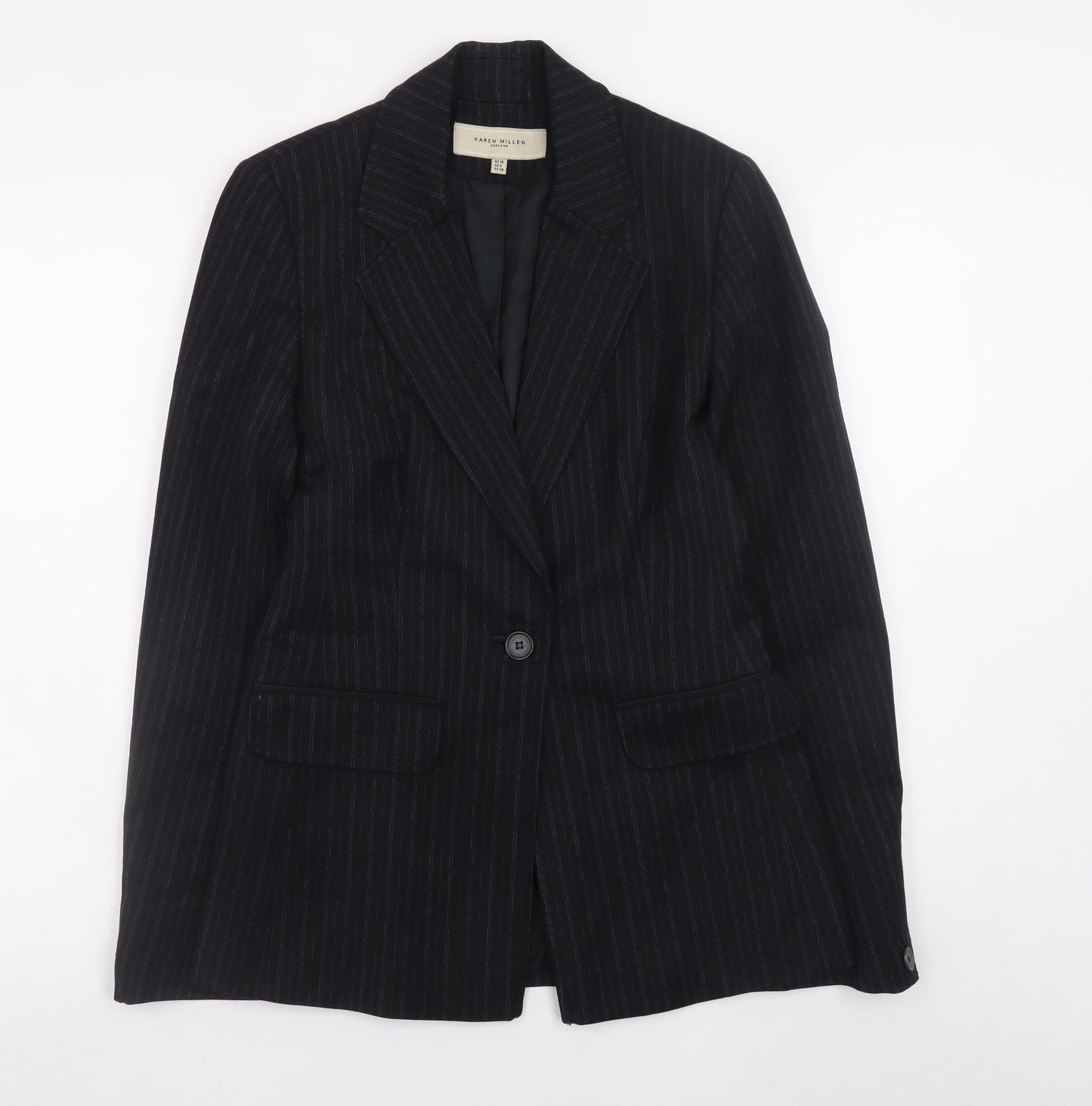 Karen Millen Women Black Pinstripe Wool Blend Blazer UK 10 Slim Fit