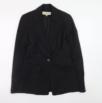 Karen Millen Women Black Pinstripe Wool Blend Blazer UK 10 Slim Fit