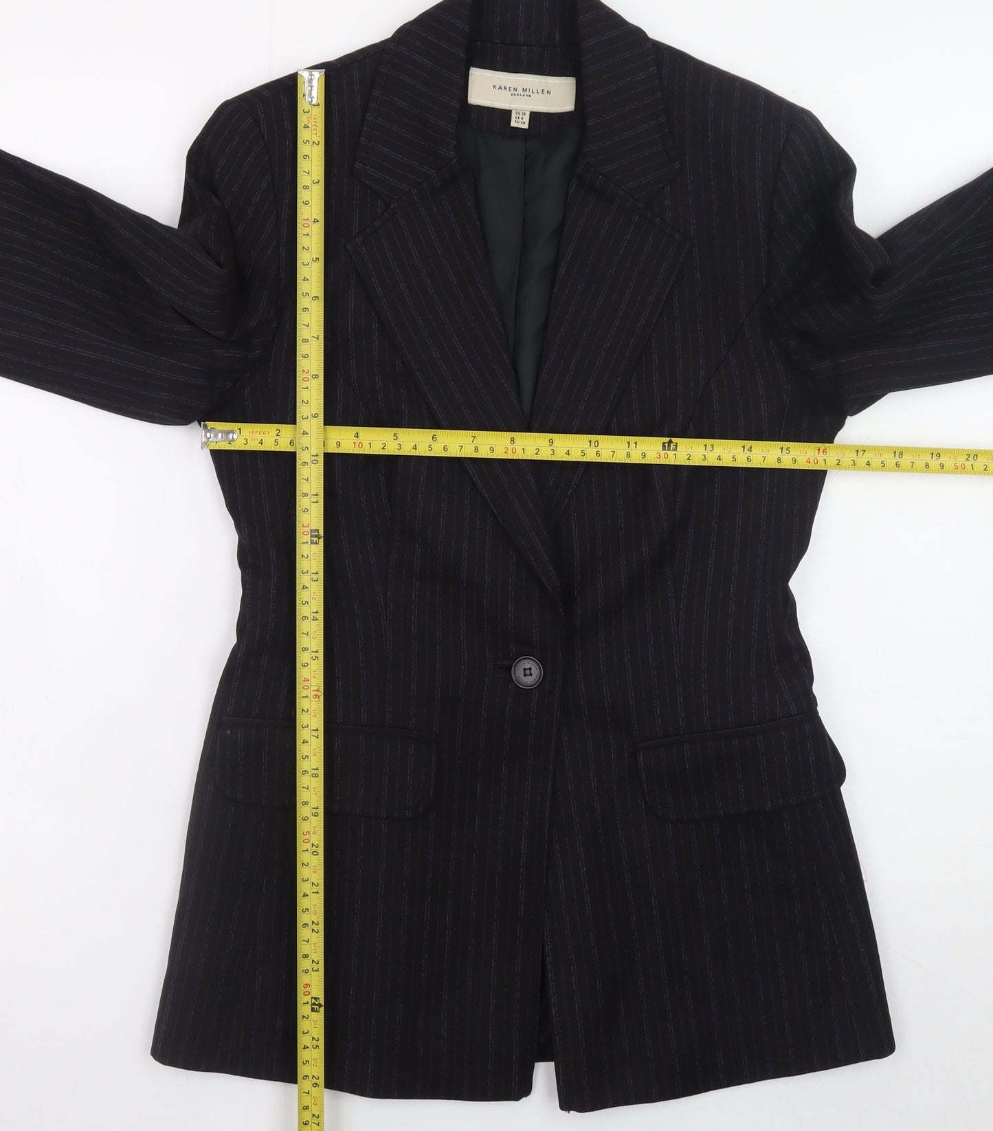 Karen Millen Women Black Pinstripe Wool Blend Blazer UK 10 Slim Fit