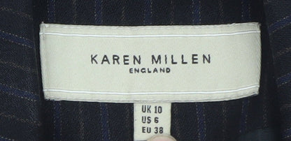 Karen Millen Women Black Pinstripe Wool Blend Blazer UK 10 Slim Fit