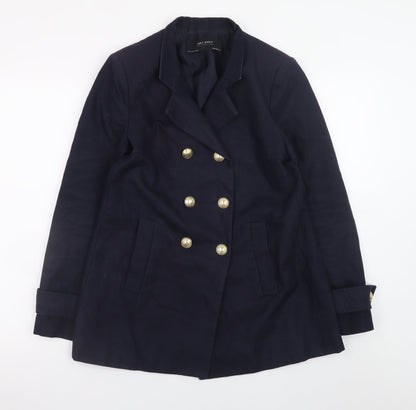 Zara Women's Blue Pea Coat Size 8 Double-Breasted Cotton Blend