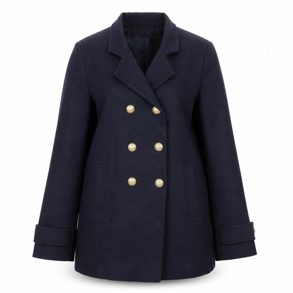Zara Women's Blue Pea Coat Size 8 Double-Breasted Cotton Blend