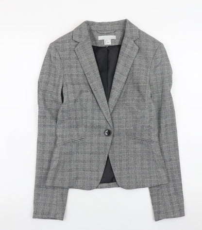 H&M Women Grey Check Slim Fit Blazer Size 4 Classic Workwear