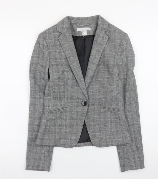 H&M Women Grey Check Slim Fit Blazer Size 4 Classic Workwear