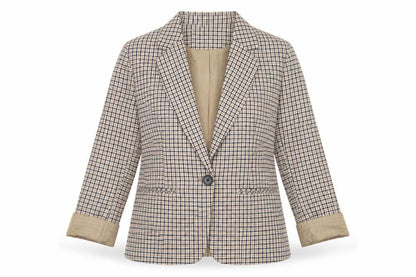 La Redoute Women Beige Check Blazer Size 10 Lined Single-Breasted Jacket