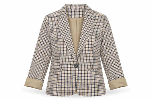 La Redoute Women Beige Check Blazer Size 10 Lined Single-Breasted Jacket