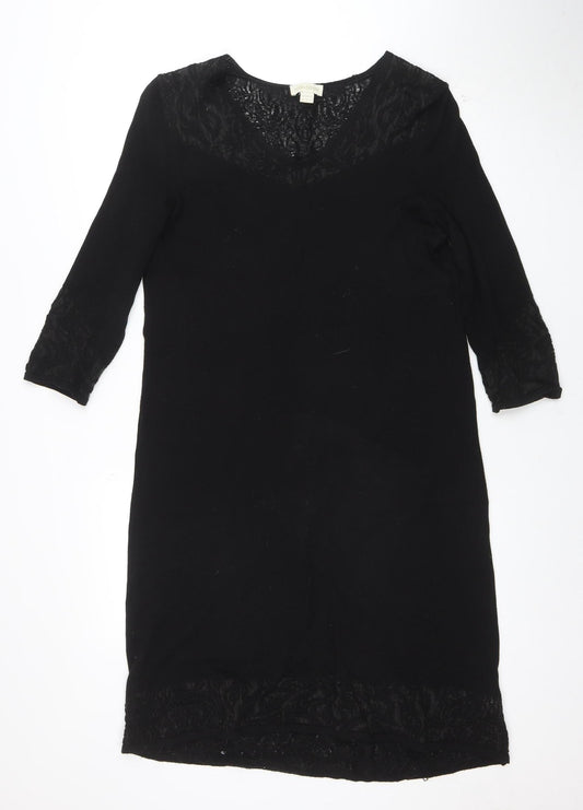 Monsoon Women Black Size 14 Lace Panel 3/4 Sleeve Shift Dress