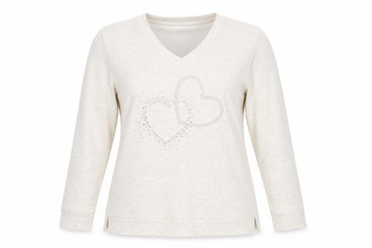 Bonmarché Women’s Beige Heart Studded V-Neck Pullover Sweatshirt Size 16
