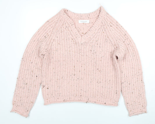 Stradivarius Women Pink V-Neck Chunky-Knit Jumper Size 8