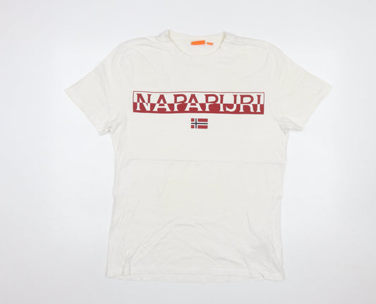 Napapijri Men’s White Logo Flag Crew Neck Cotton T-Shirt L