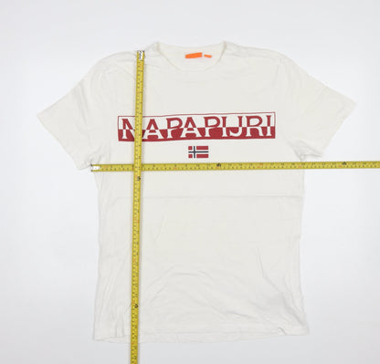 Napapijri Men’s White Logo Flag Crew Neck Cotton T-Shirt L
