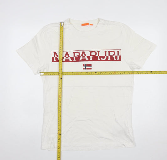 Napapijri Men’s White Logo Flag Crew Neck Cotton T-Shirt L