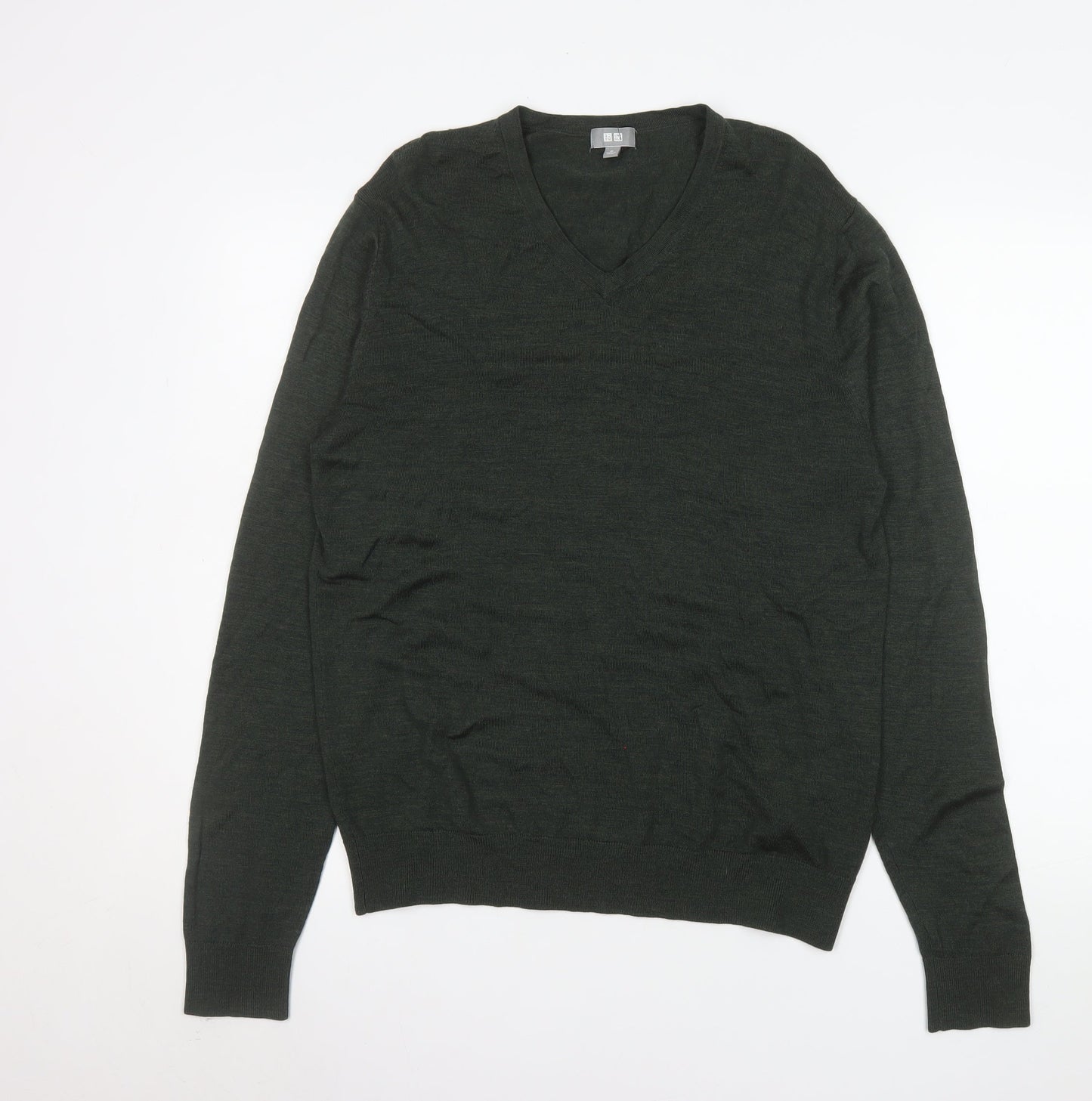 Uniqlo Men's Green Wool V-Neck Pullover Jumper Size M