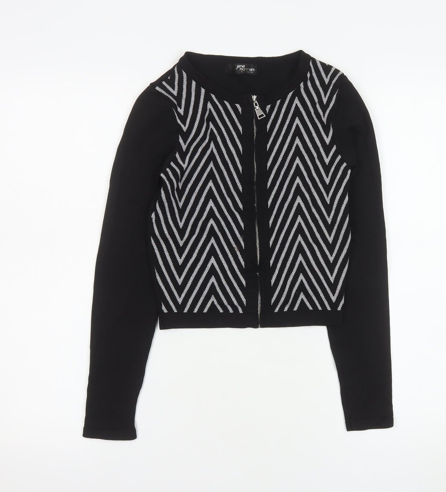 Jane Norman Women's Black Geometric Zip Knit Cropped Jacket Size 8