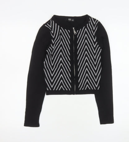 Jane Norman Women's Black Geometric Zip Knit Cropped Jacket Size 8