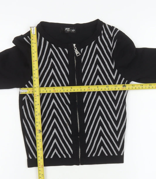 Jane Norman Women's Black Geometric Zip Knit Cropped Jacket Size 8