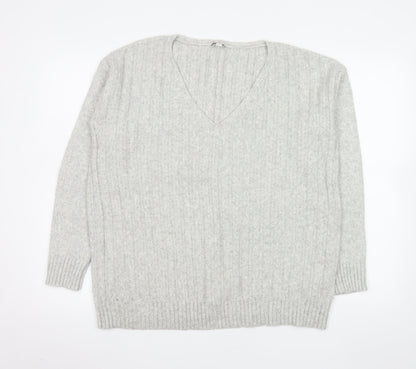 Gap Women's Grey M V-Neck Ribbed Wool Blend Pullover Jumper