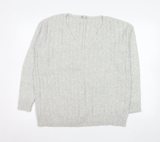 Gap Women's Grey M V-Neck Ribbed Wool Blend Pullover Jumper
