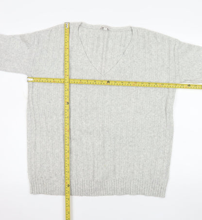 Gap Women's Grey M V-Neck Ribbed Wool Blend Pullover Jumper