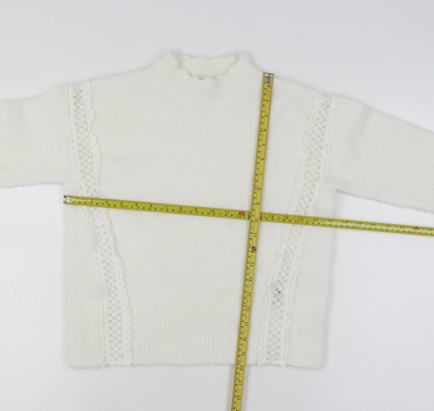 Marks and Spencer Women Ivory Mock Neck Lace Knit Pullover Jumper XS