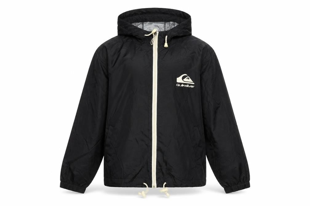 Front view of Quiksilver boys’ black hooded zip windbreaker jacket 12 years