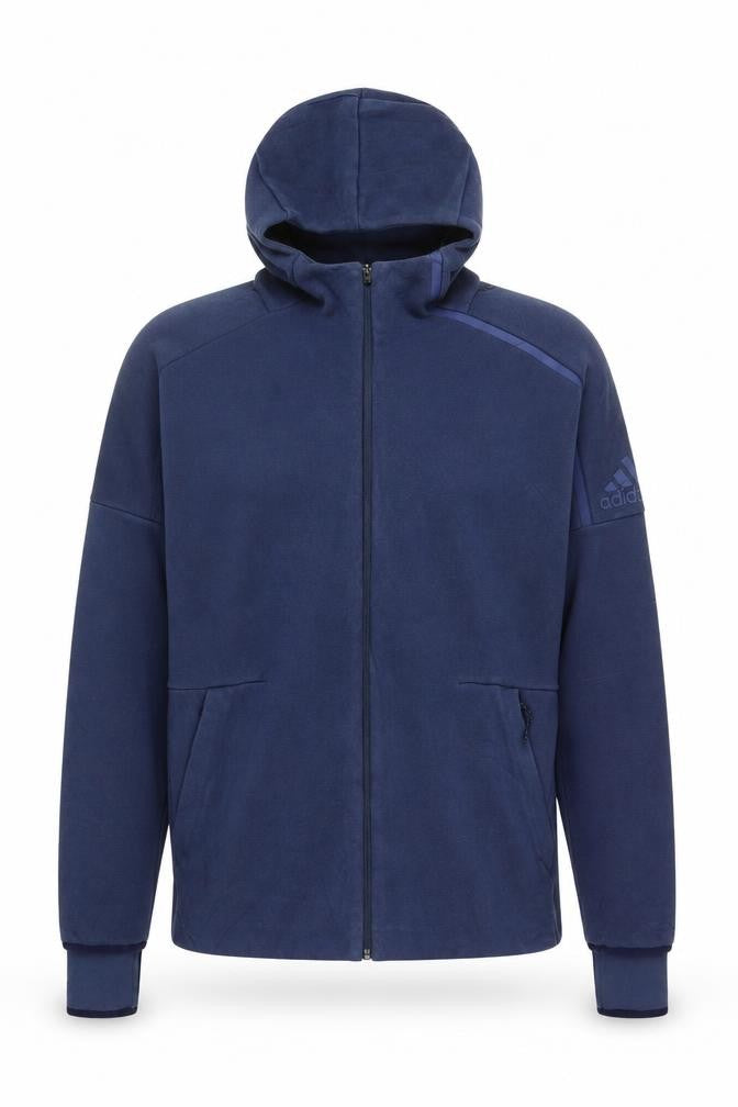 Front view of Adidas Men Blue Full Zip Fleece Hoodie L Sportswear