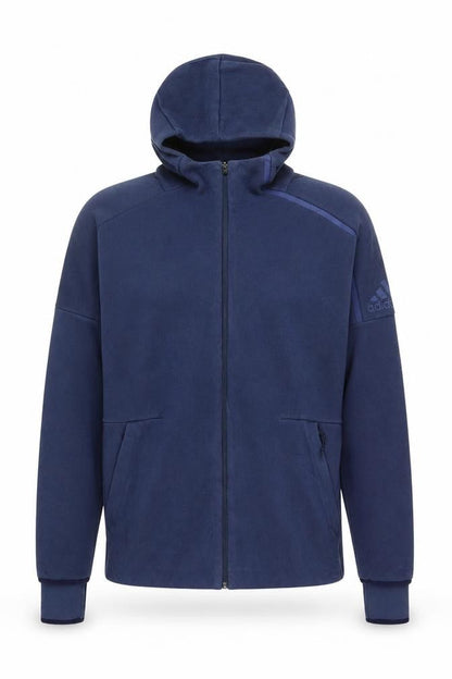 Front view of Adidas Men Blue Full Zip Fleece Hoodie L Sportswear