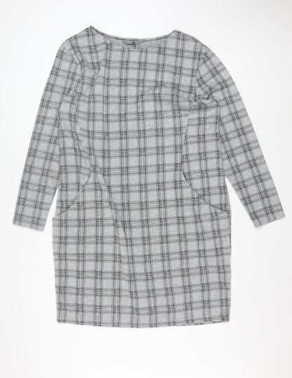 Principles Women Grey Check Shift Dress Size 18 Long Sleeve Knitwear