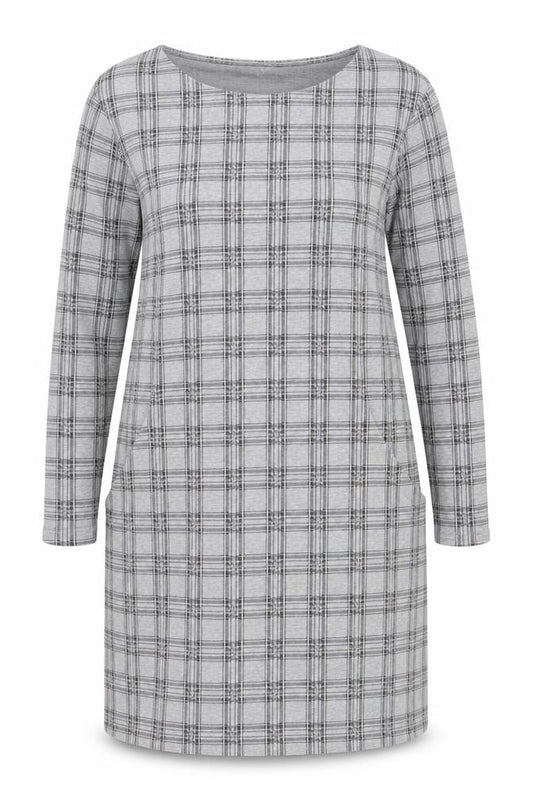 Front view of Principles Women Grey Check Shift Dress, size 18, Long Sleeve Knitwear