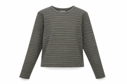 PrettyLittleThing Women's Grey Striped Petite Long Sleeve Cropped T-Shirt L