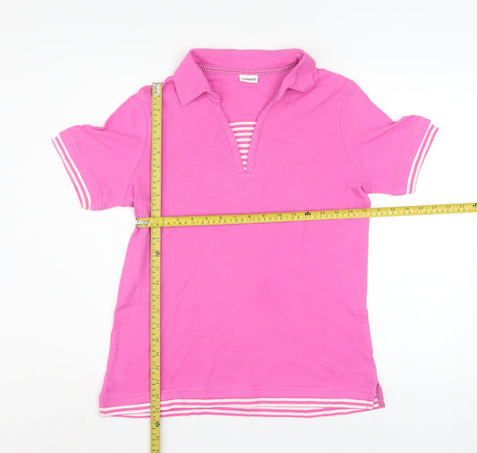 Damart Women's Pink Cotton Polo Shirt UK 14/16 Short Sleeve Striped Trim
