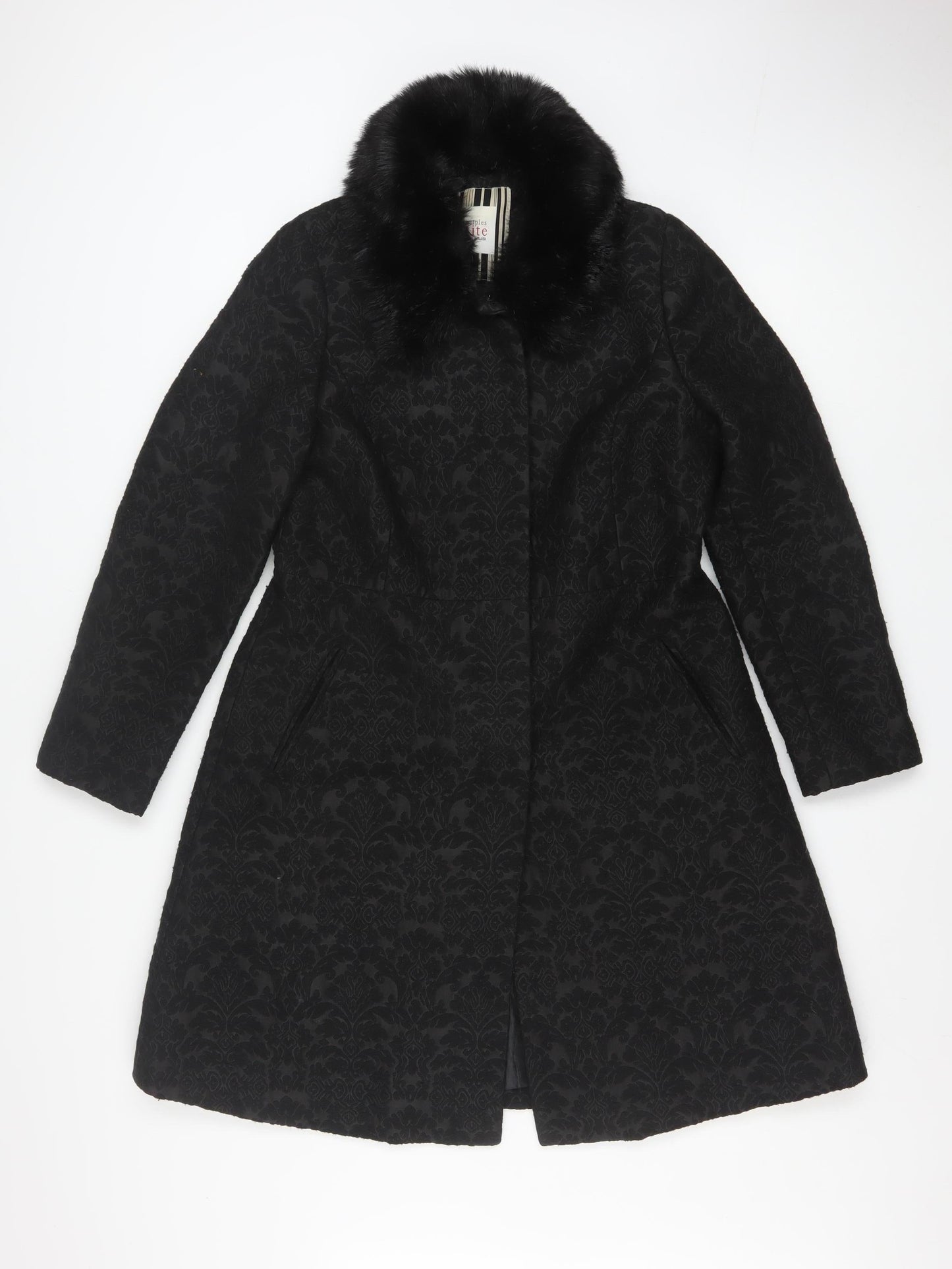 Principles by Ben de Lisi Women's Black Faux Fur Collar Long Coat Size 14 Petite