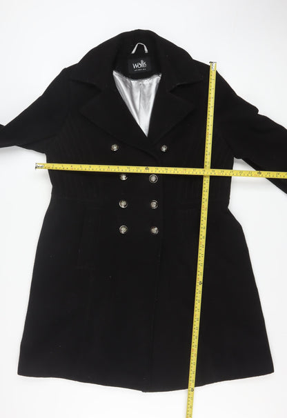 Wallis Women’s Black Long Pea Coat UK 16 Lined Button Classic Style