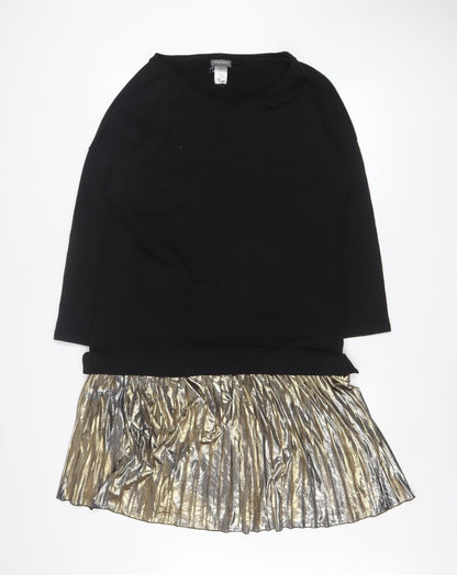 Sans Souci Women's Black Gold Shift Dress L Long Sleeve Pleated Hem