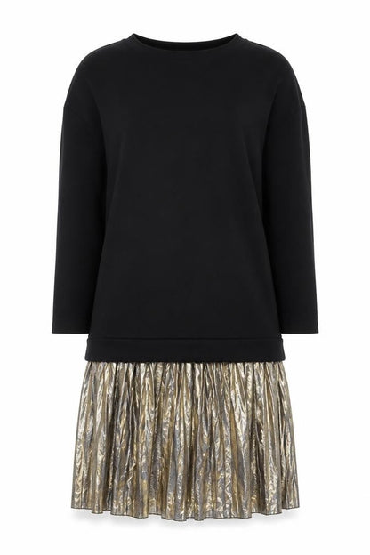 Sans Souci Women's Black Gold Shift Dress L Long Sleeve Pleated Hem