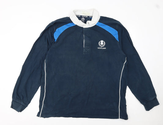 Scotland Mens Blue Long Sleeve Rugby Polo Shirt Size L 100% Cotton