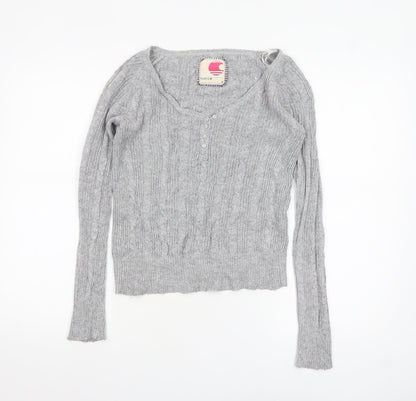 SoulCal Women’s Grey Cable-Knit V-Neck Henley Jumper Size 10