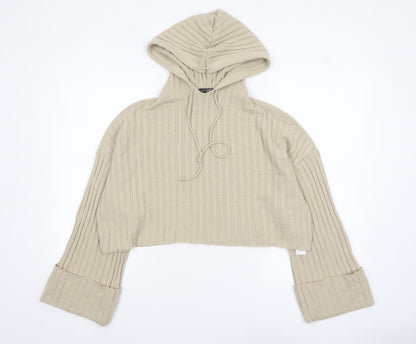 Quiz Womens Beige Hooded Rib Knit Cropped Jumper Size S