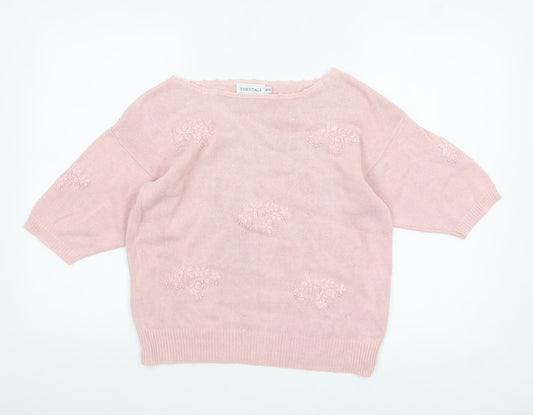 ESSENTIALS Womens Pink Embroidered Boat Neck Pullover Jumper Size 10/12